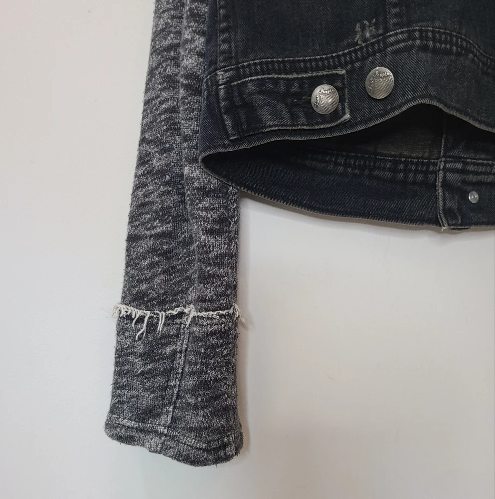 Free People Black Mixed Media Space Dye Knit Denim Jean Jacket Sz M - Picture 8 of 15